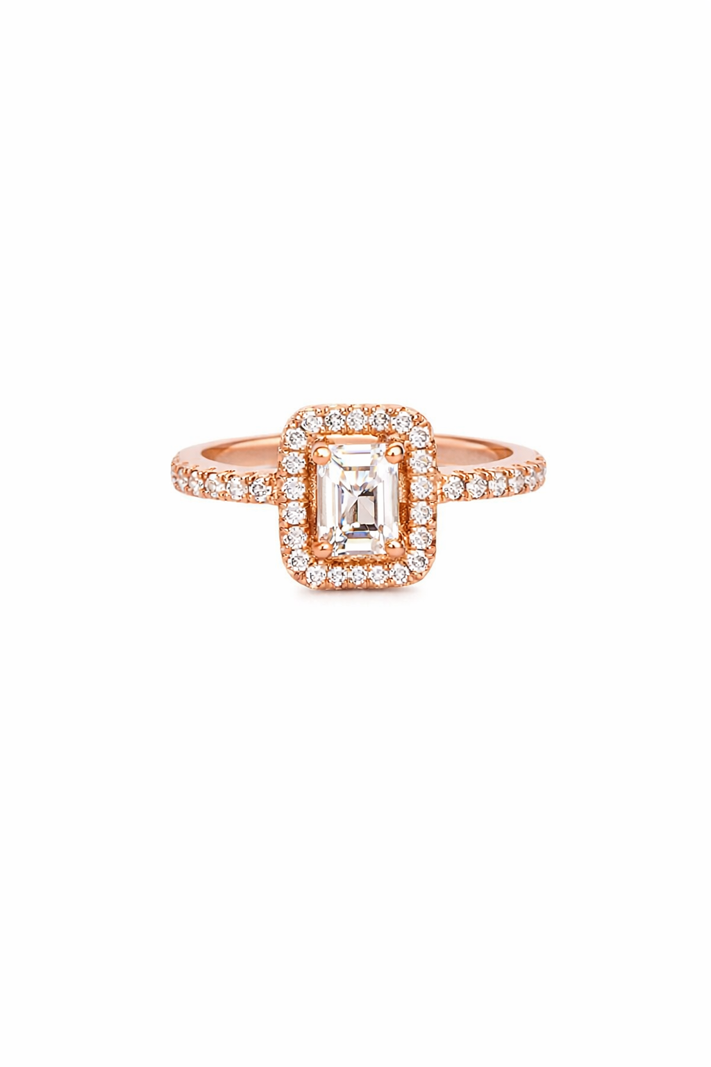 Radiant Halo Emerald Cut Rose Gold Ring