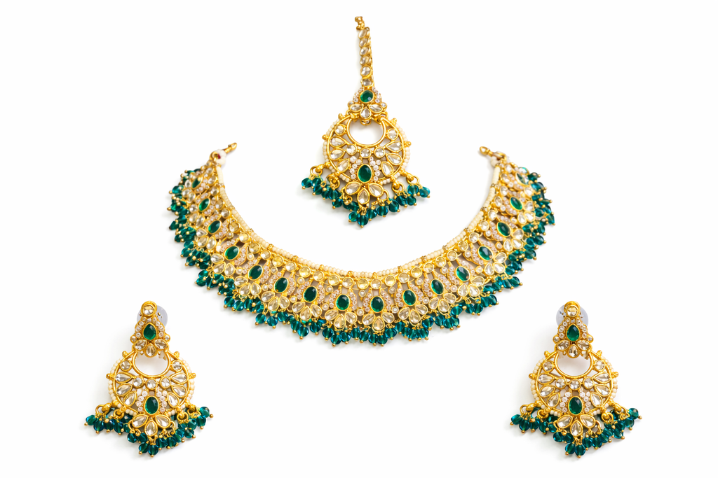 Royal Emerald Kundan Polki Jewellery Set
