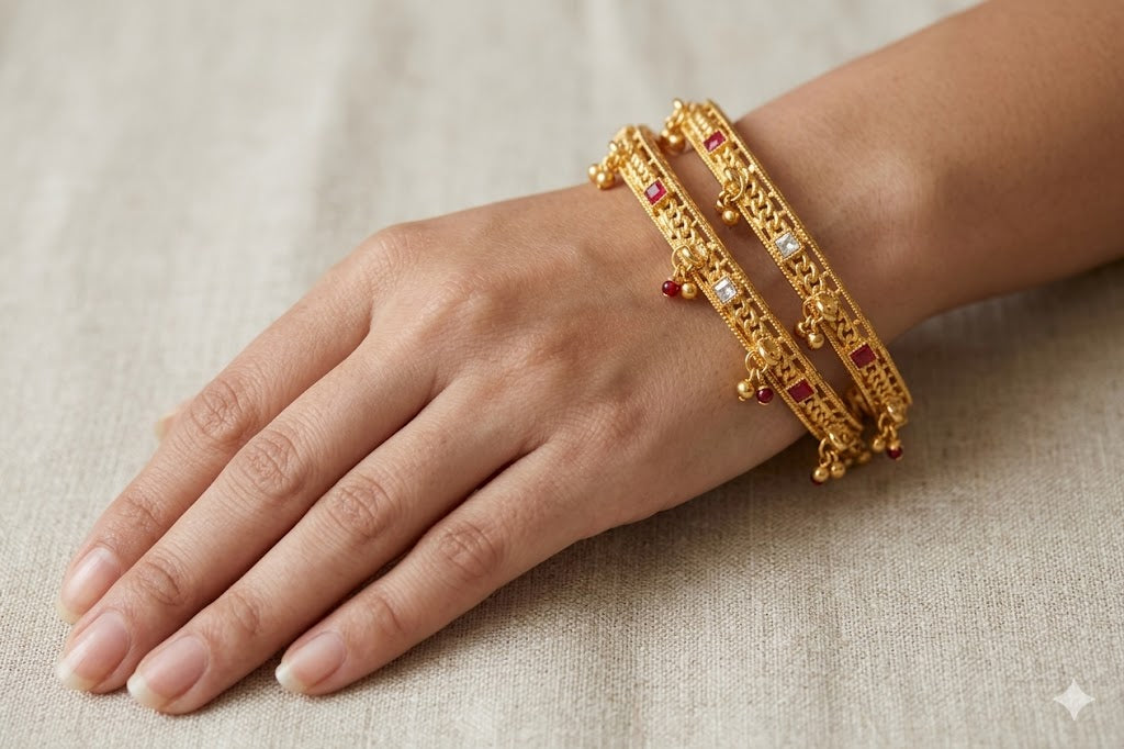 Gold Stone-Studded Bangles with ghungroo (set of 4)