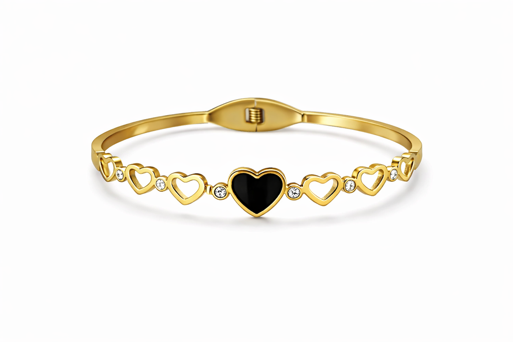 Chic Black Heart Gold-Tone Bracelet with Crystal Accents