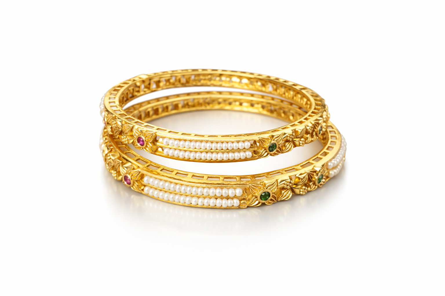 Golden pearl floral bangles (set of 2)