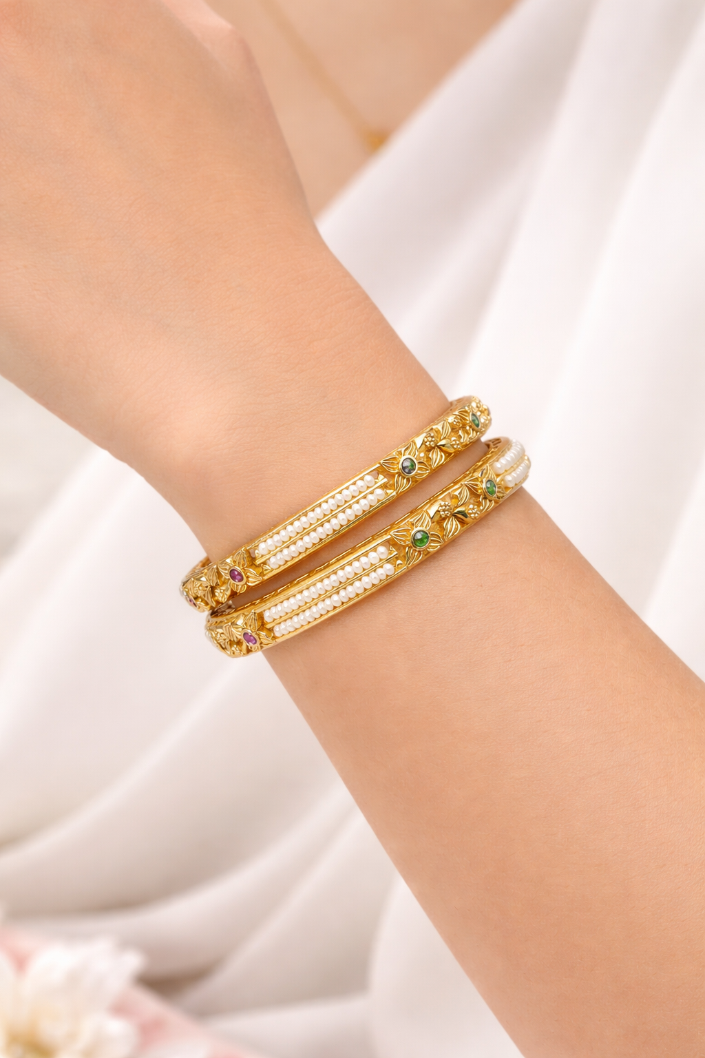 Golden pearl floral bangles (set of 2)