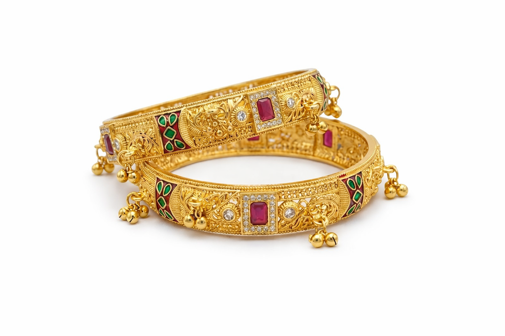 Royal Kundan Temple Gold Bangles with ghungroo (set of 2)