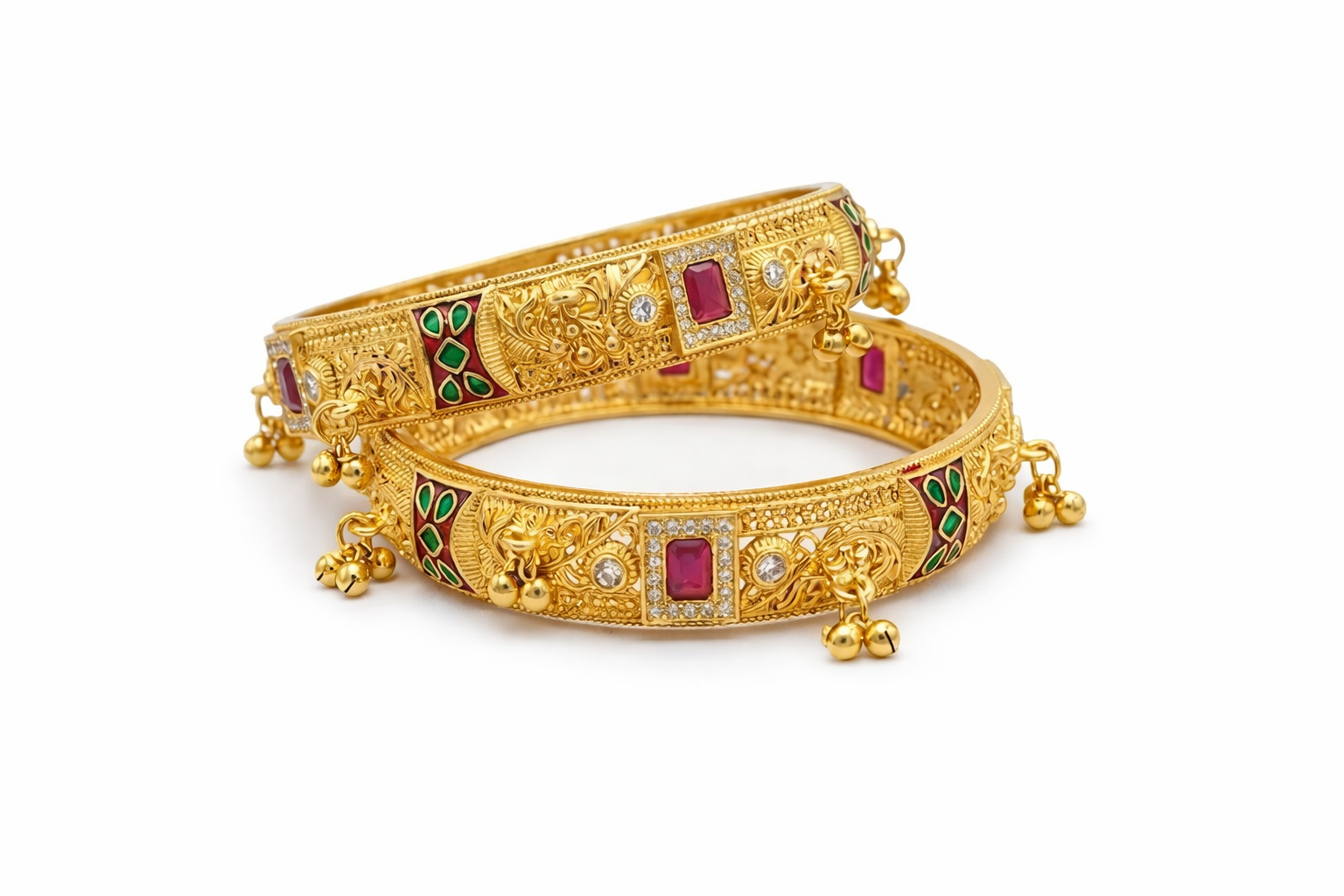 Royal Kundan Temple Gold Bangles with ghungroo (set of 2)