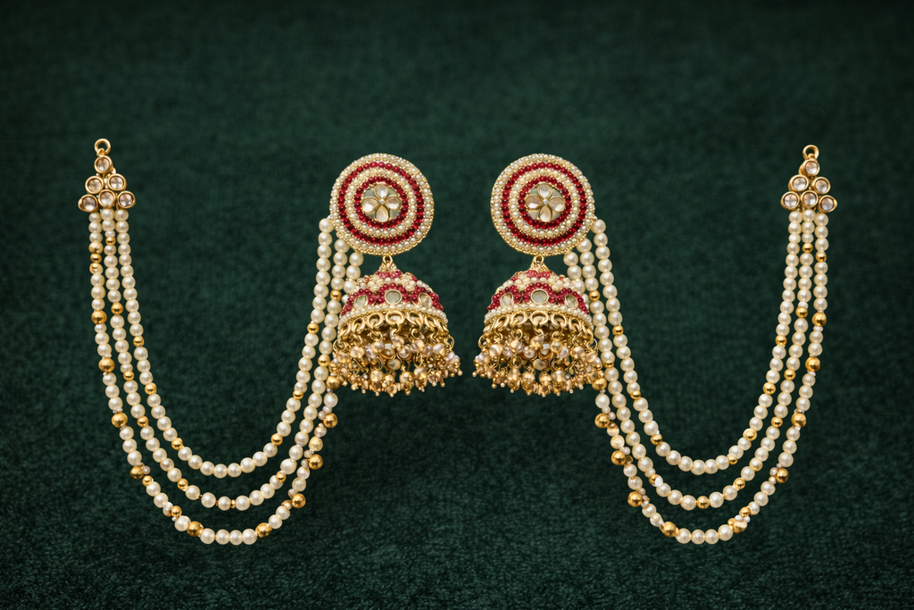 Pink Stone Jhumka with multi-layer Pearl ear chain