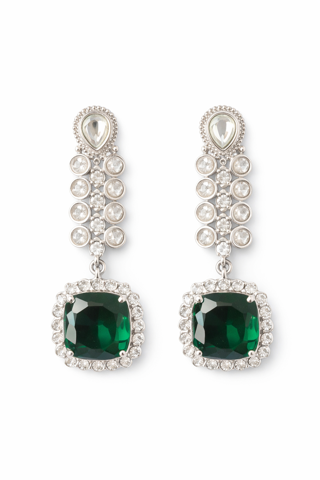 Emerald Crystal Drop Statement Earrings in Silver Finish