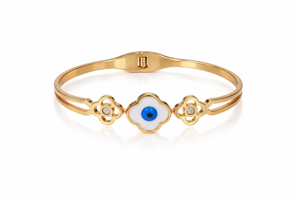 Evil Eye Clover Gold Bangle Bracelet
