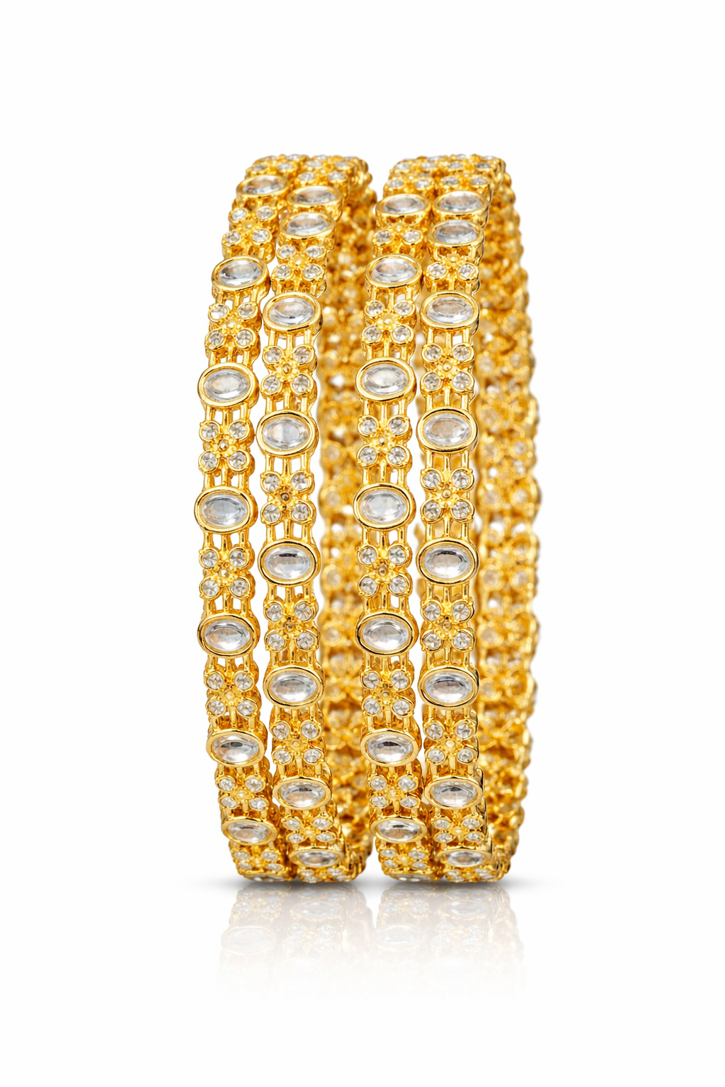 Elegant Crystal-Studded Gold Bangles (set of 4)