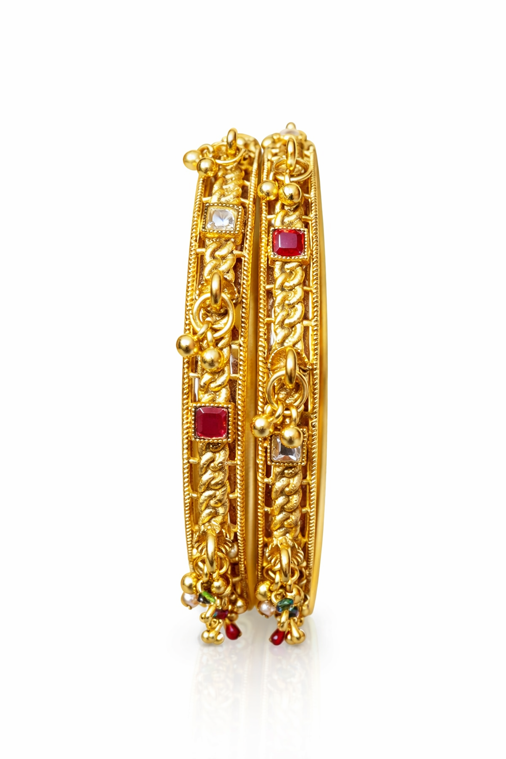 Gold Stone-Studded Bangles with ghungroo (set of 4)