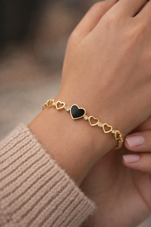 Chic Black Heart Gold-Tone Bracelet with Crystal Accents