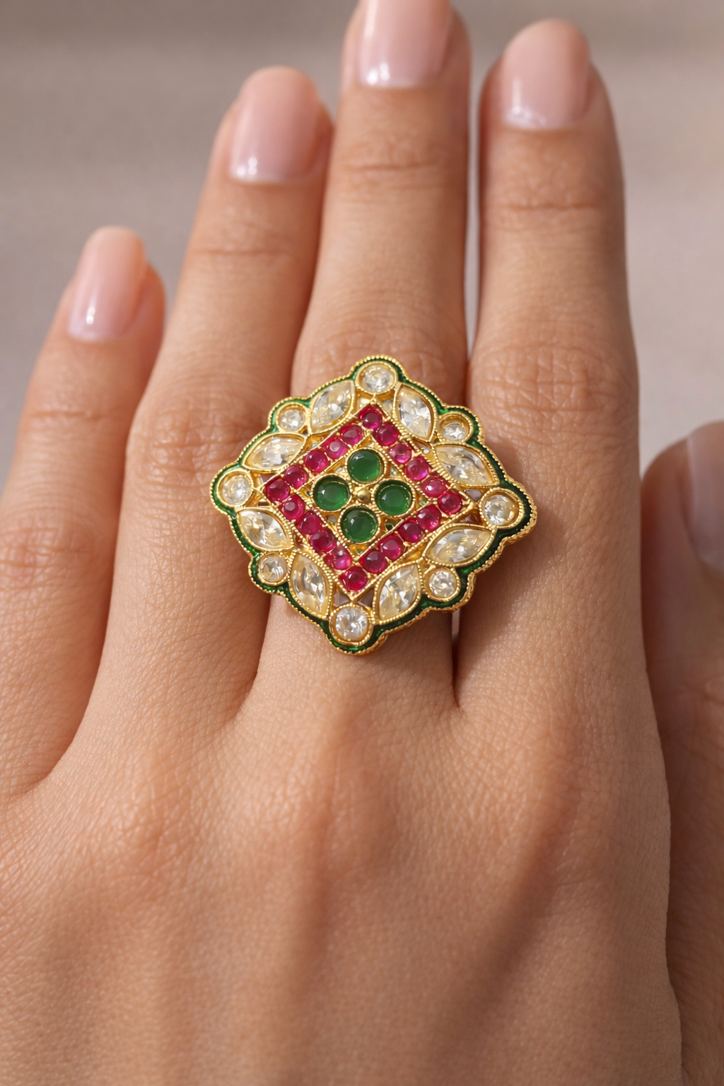 Royal Kundan Polki adjustable Cocktail Ring with Red & Green Accents