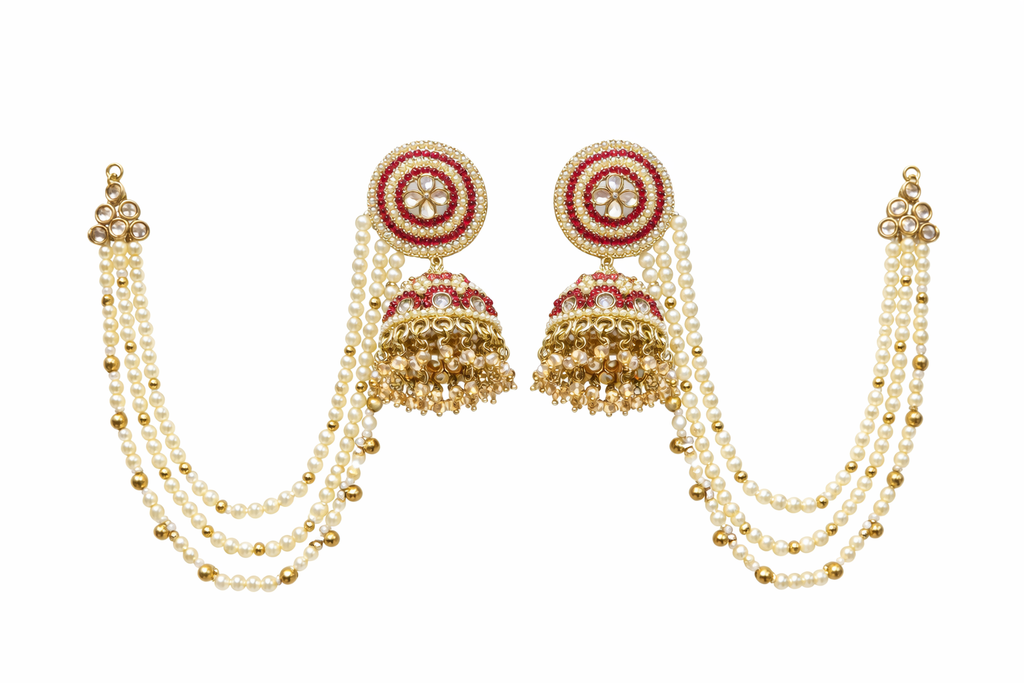 Pink Stone Jhumka with multi-layer Pearl ear chain