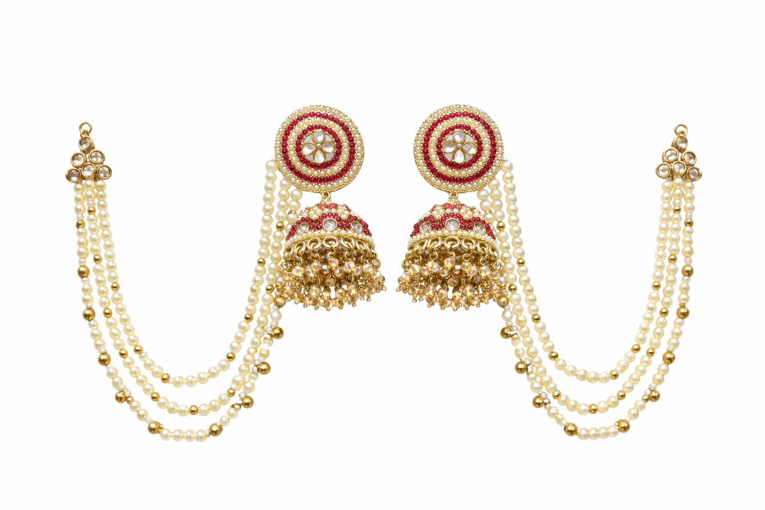 Pink Stone Jhumka with multi-layer Pearl ear chain