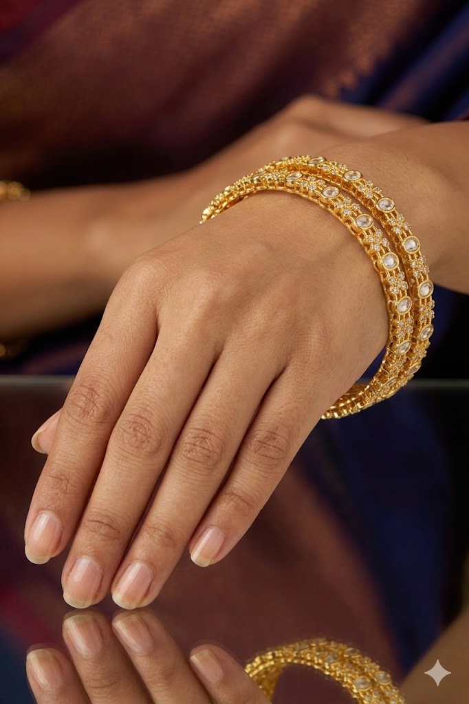 Elegant Crystal-Studded Gold Bangles (set of 4)