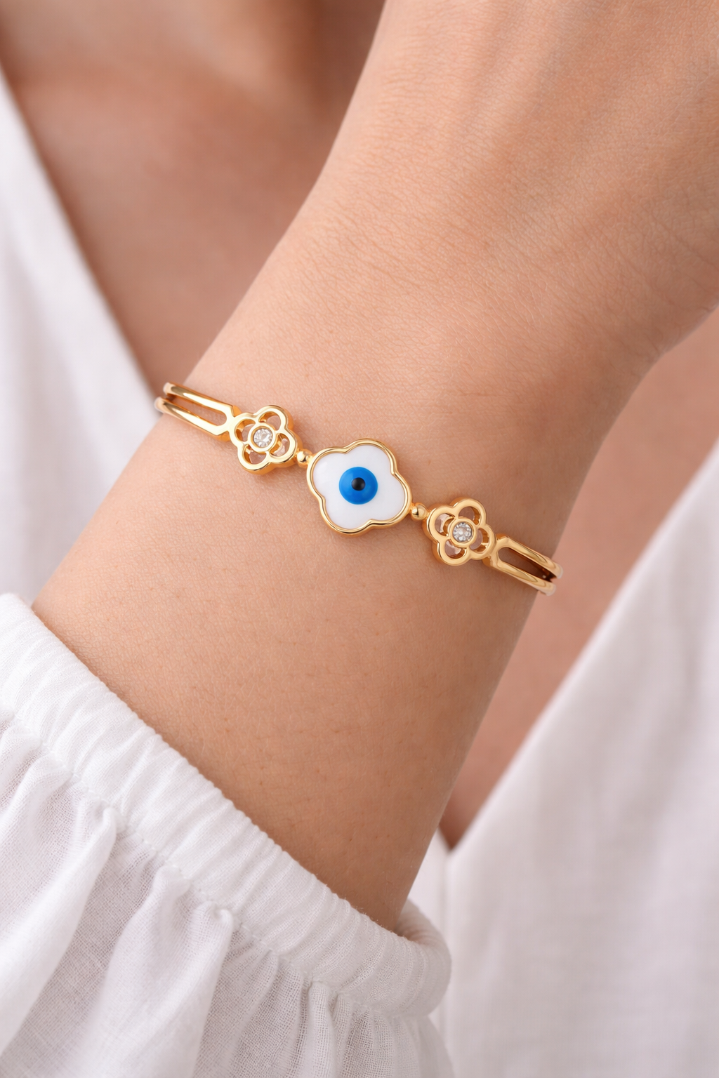 Evil Eye Clover Gold Bangle Bracelet