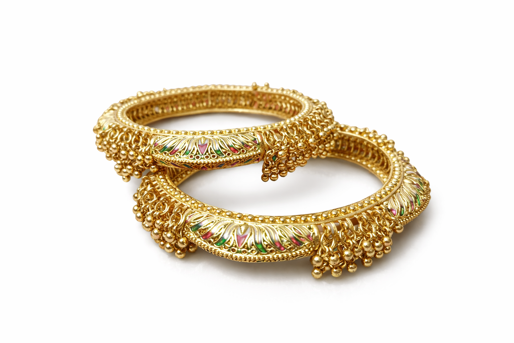 Floral Meenakari Gold Bangles with ghungroo (set of 2)