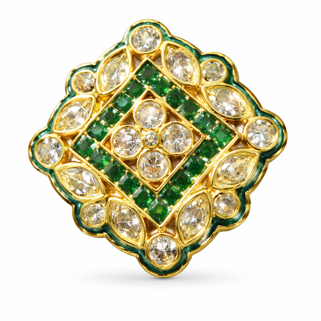 Emerald Kundan Polki adjustable Statement Ring with Gold Finish