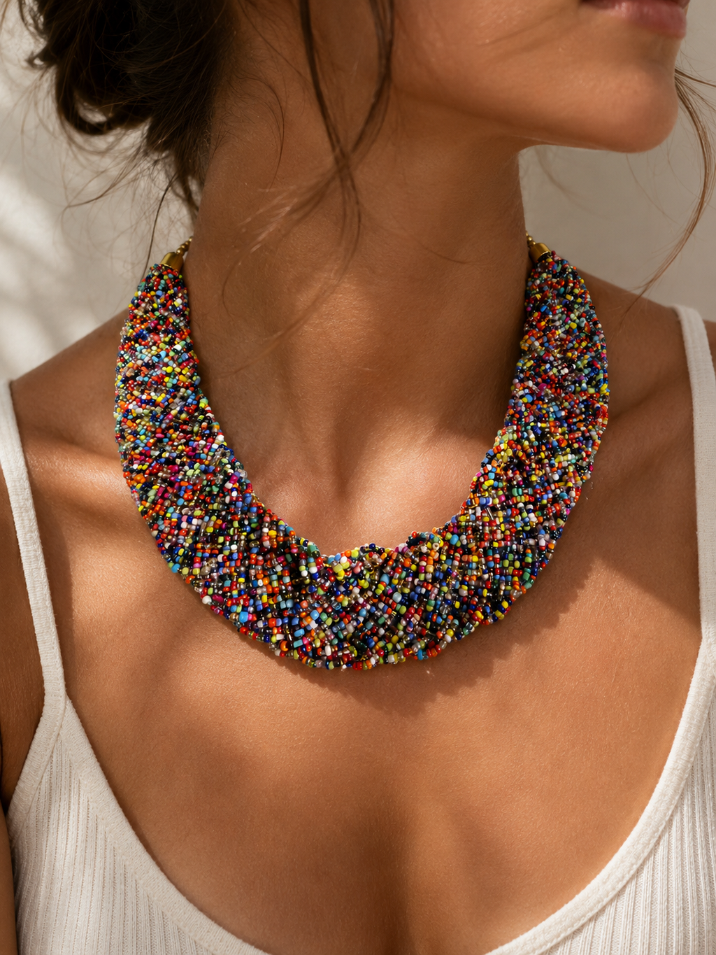 Rainbow Mosaic Beaded Collar Necklace