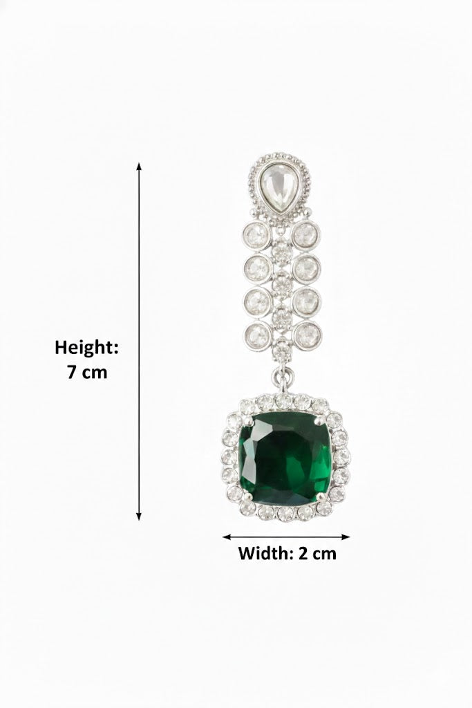 Emerald Crystal Drop Statement Earrings in Silver Finish