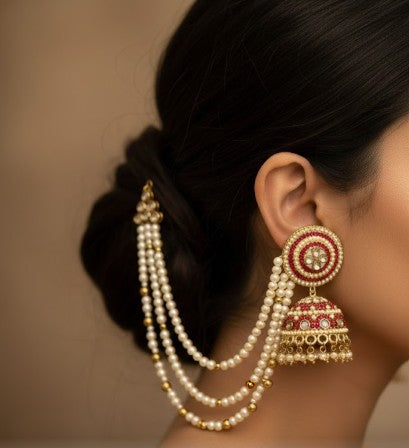 Pink Stone Jhumka with multi-layer Pearl ear chain