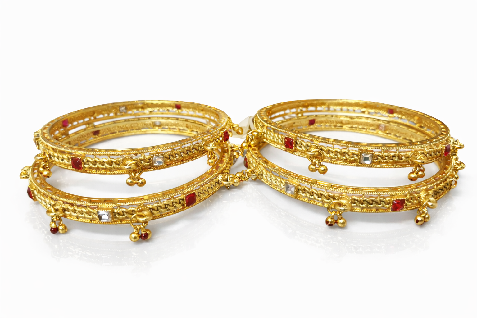 Gold Stone-Studded Bangles with ghungroo (set of 4)