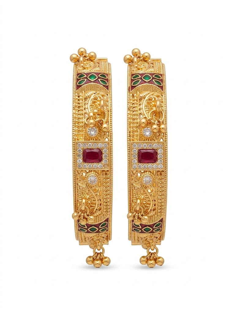 Royal Kundan Temple Gold Bangles with ghungroo (set of 2)