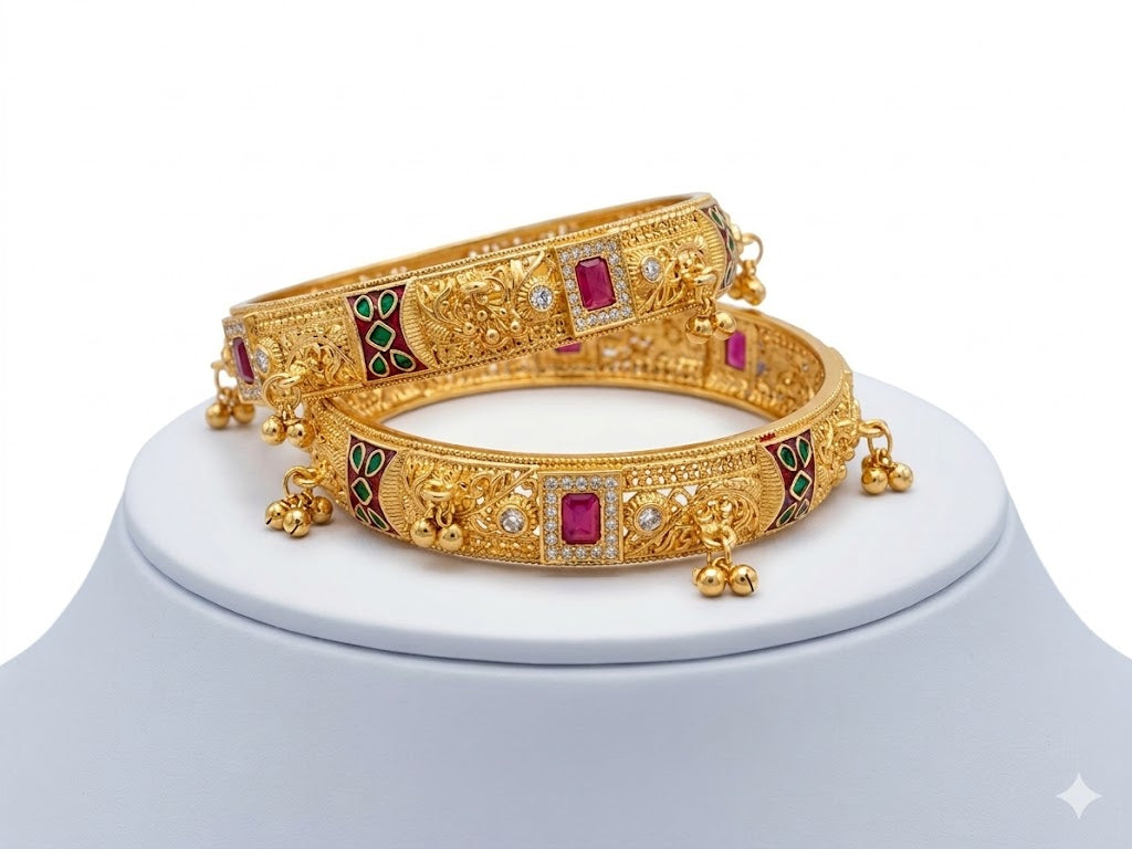 Royal Kundan Temple Gold Bangles with ghungroo (set of 2)