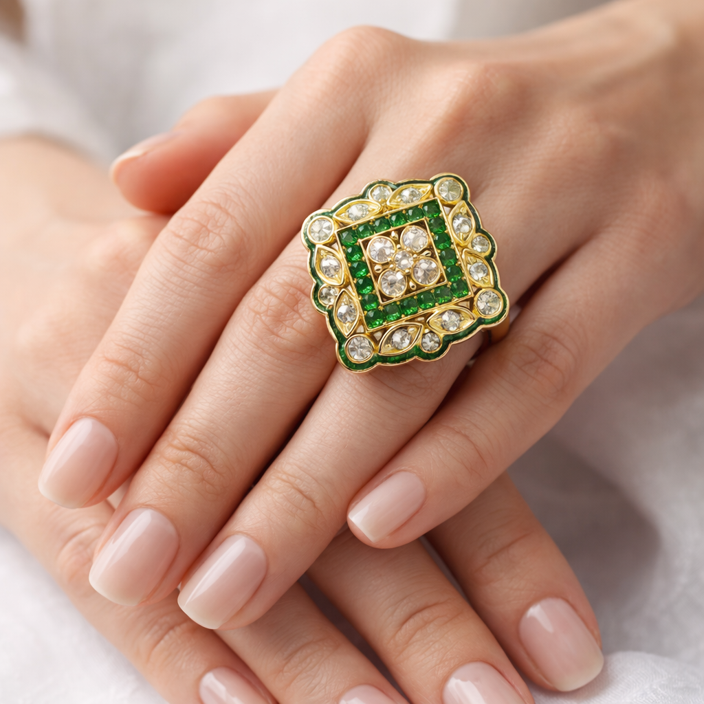 Emerald Kundan Polki adjustable Statement Ring with Gold Finish