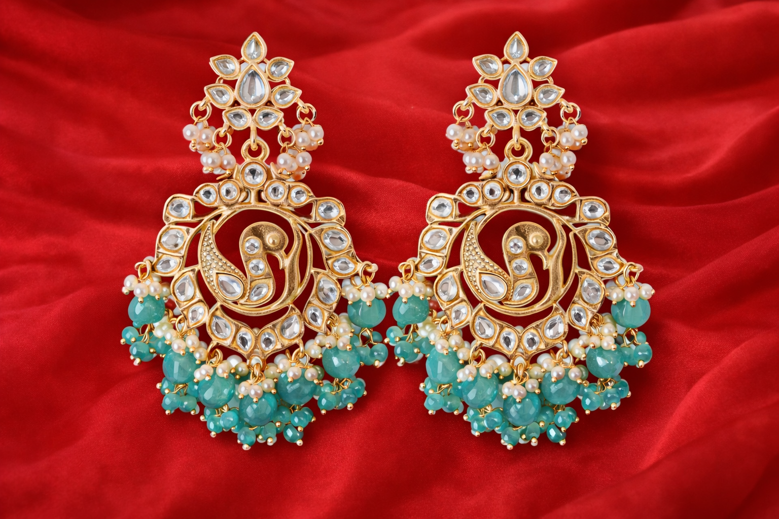 Peacock Kundan Earrings with Turquoise Beads