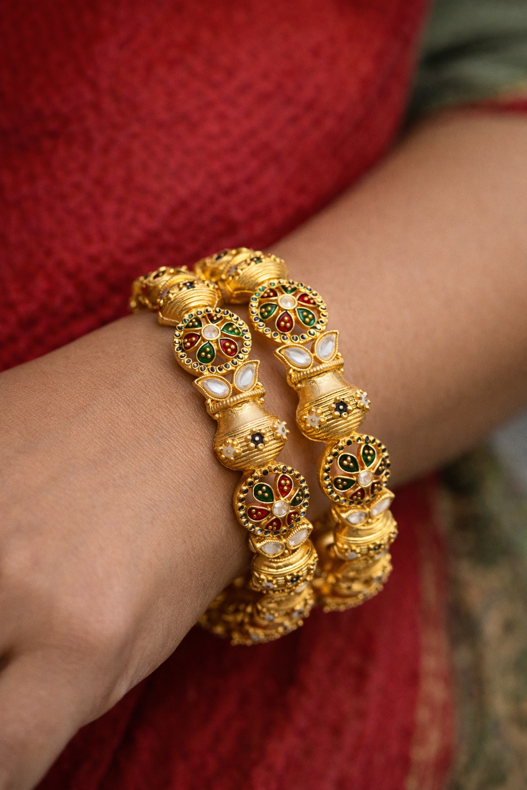 Floral Temple-Inspired Kalash Multicolour Gold Bangles (set of 2)