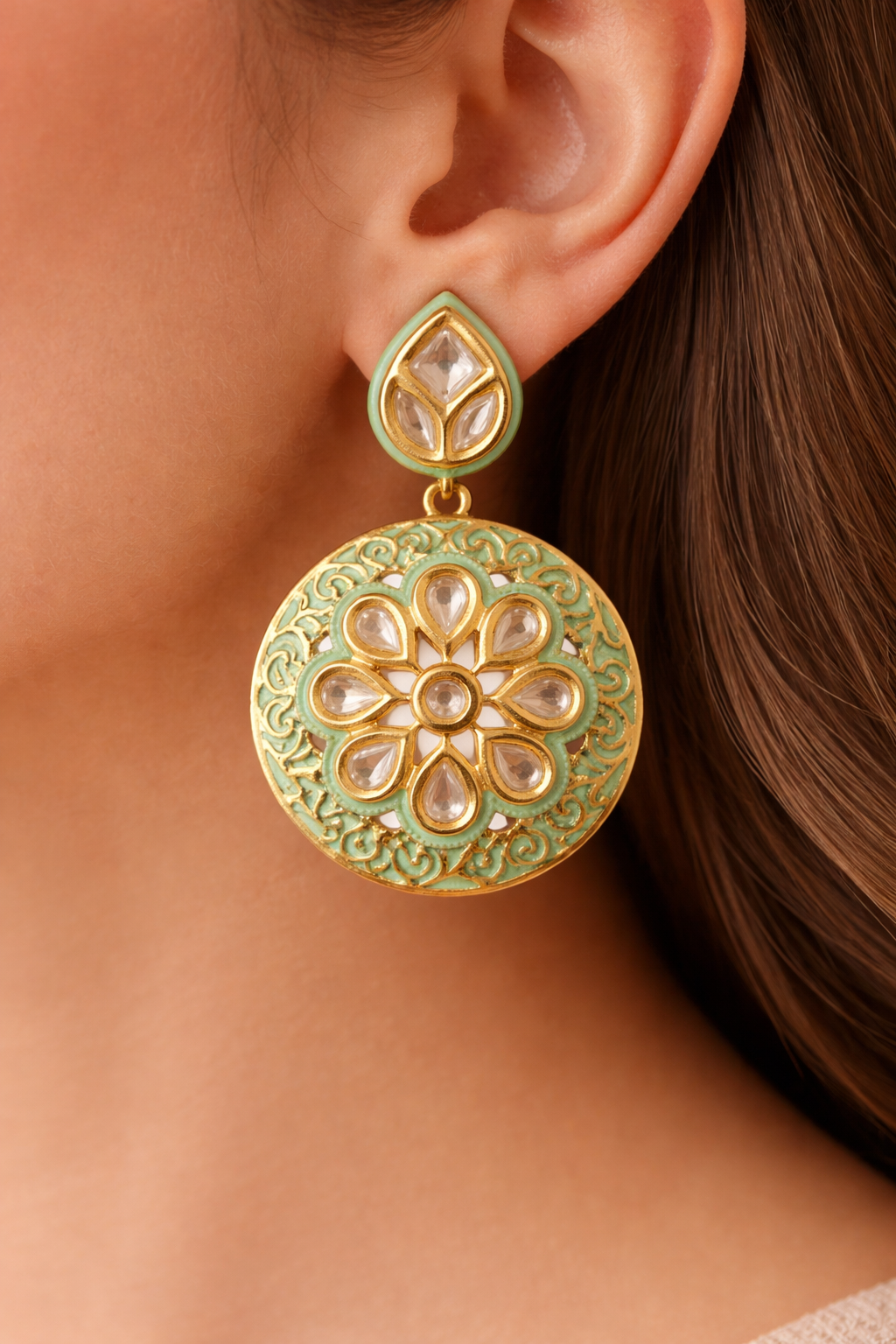 Mint Green Enamel Kundan Earrings