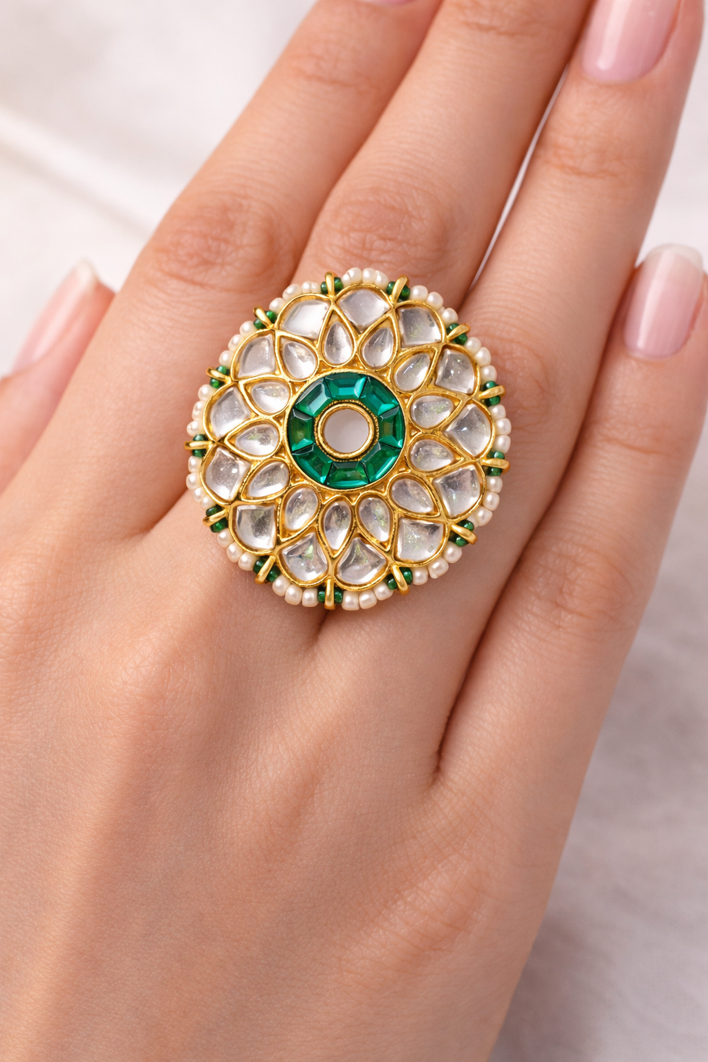 Emerald Radiance Kundan Statement Ring