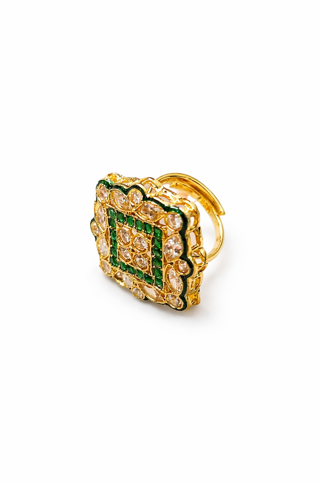 Emerald Kundan Polki adjustable Statement Ring with Gold Finish