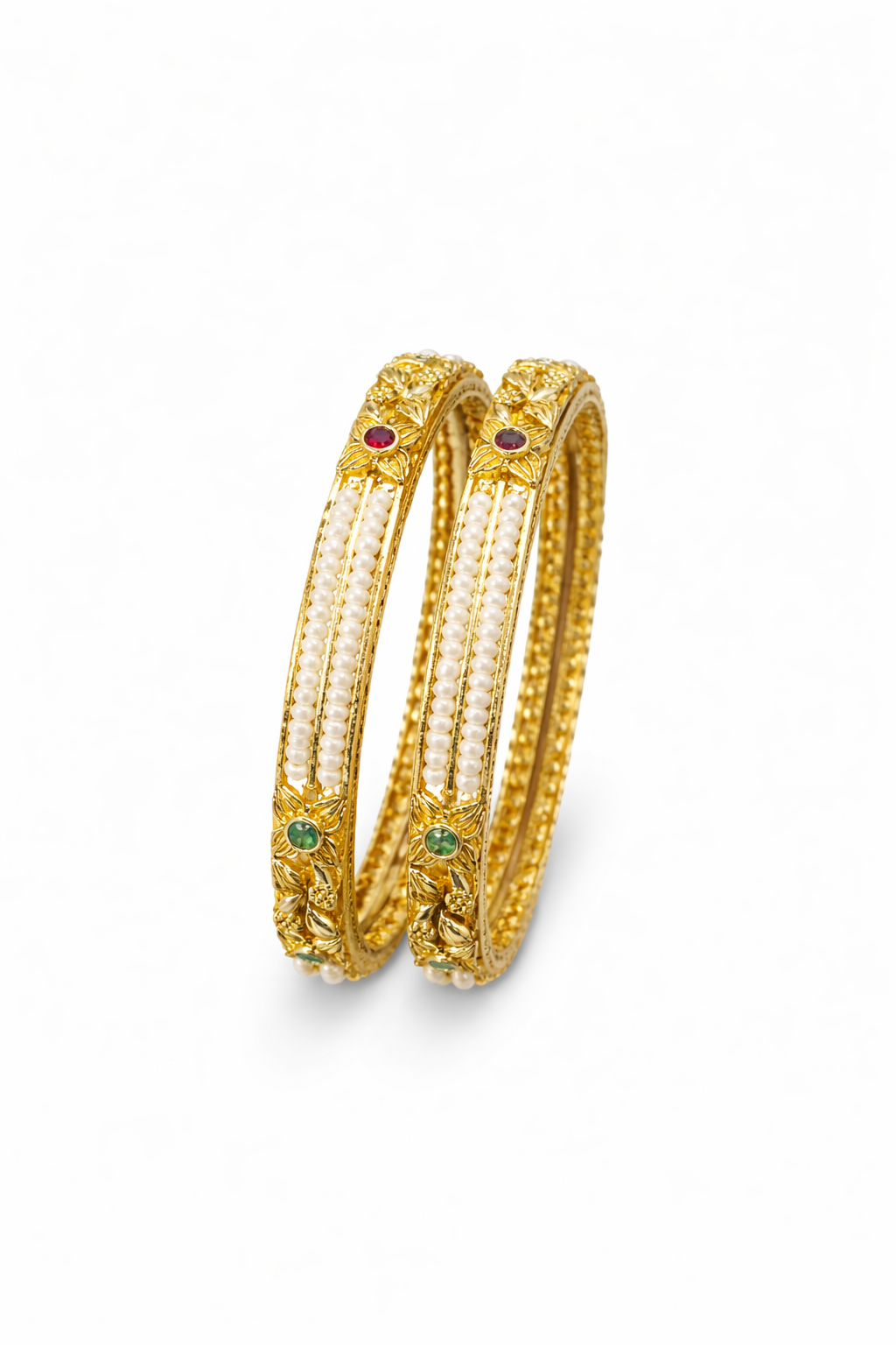 Golden pearl floral bangles (set of 2)