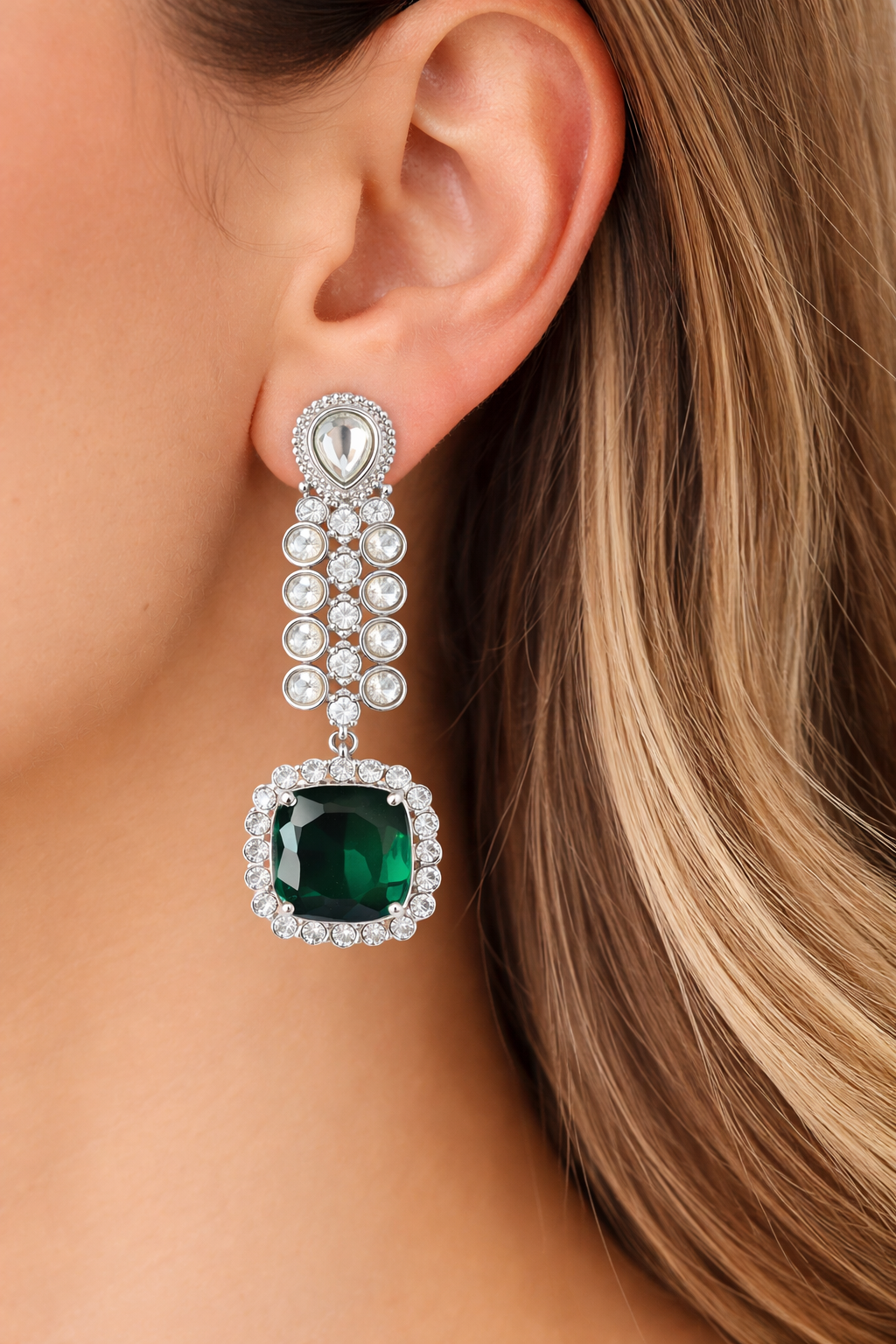 Emerald Crystal Drop Statement Earrings in Silver Finish