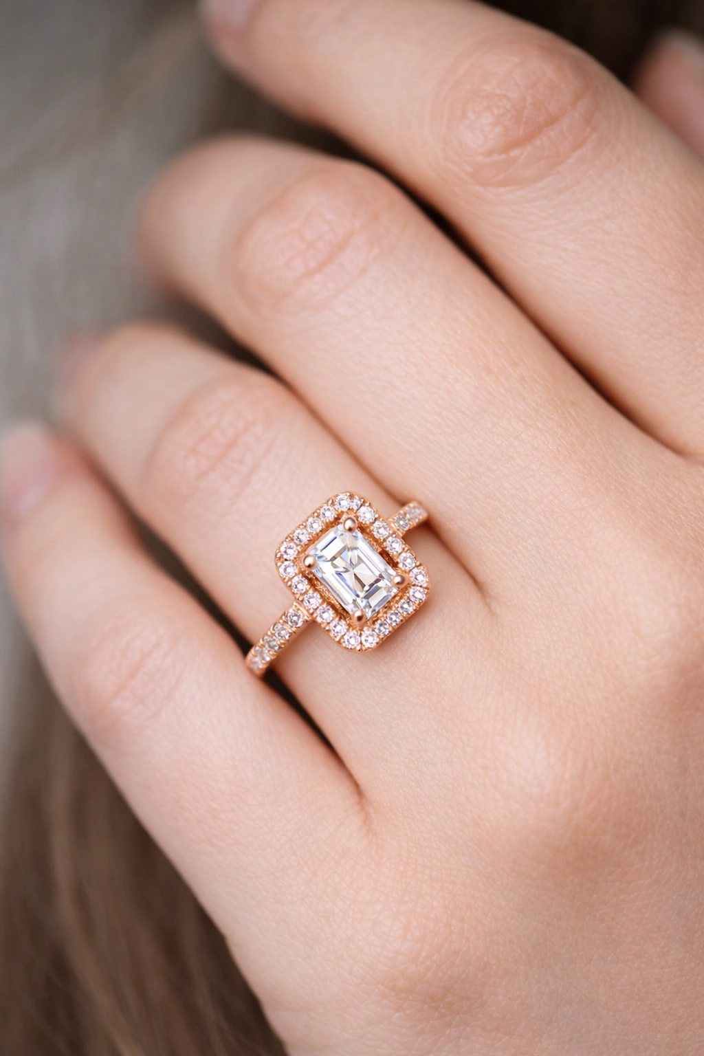 Radiant Halo Emerald Cut Rose Gold Ring